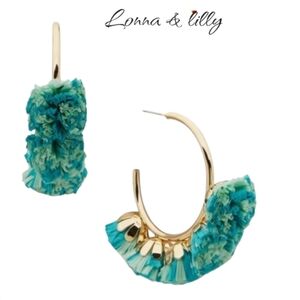 NWT Lonna & Lilly Gold Tone Raffia Pom Pom C Hoop Earrings